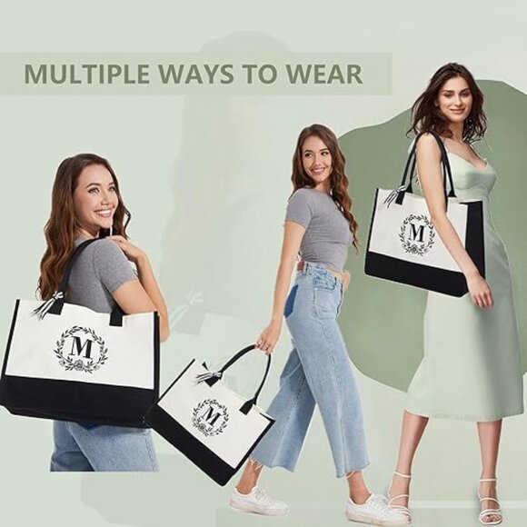 Monogram Initial Canvas Bag with Inner Zipper Pocket Embroidery Personalized Bag - Picture 3 of 5